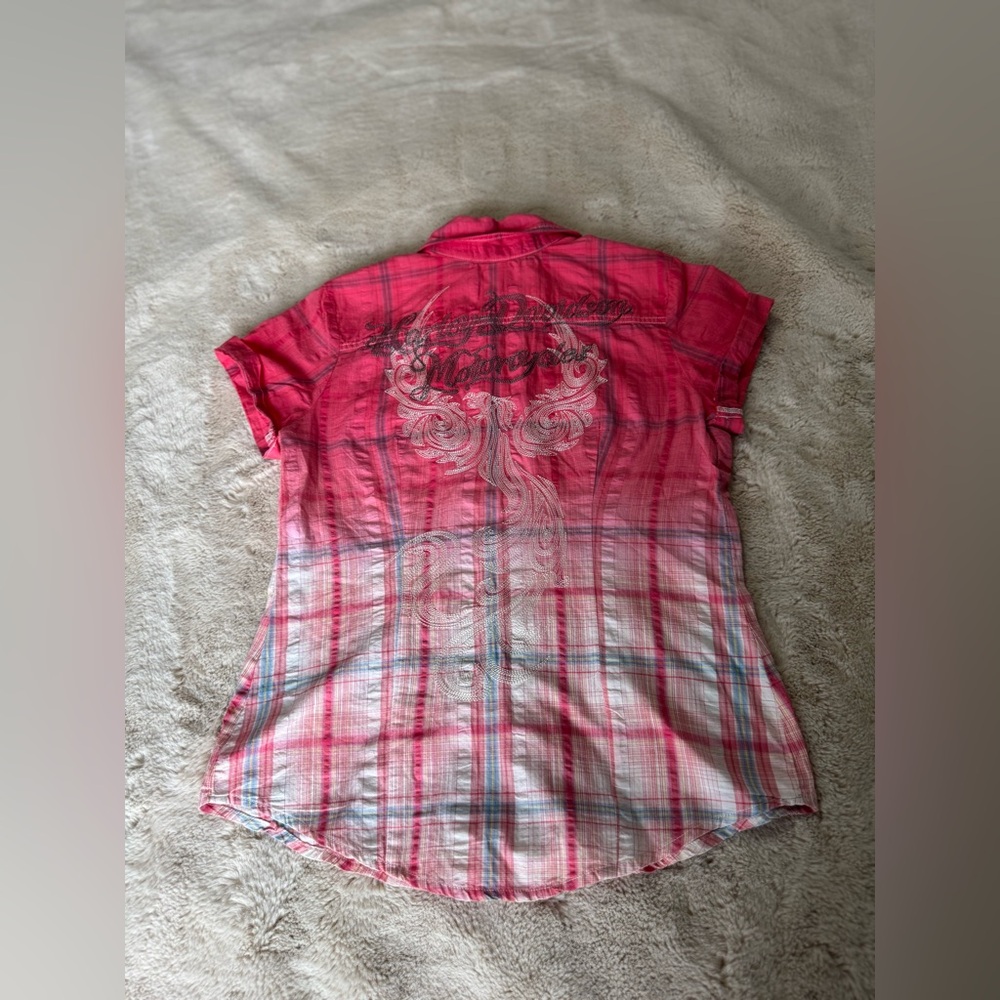Harley-Davidson plaid ombré pearl snap shirt with embroidered back design. Small - Picture 6 of 11